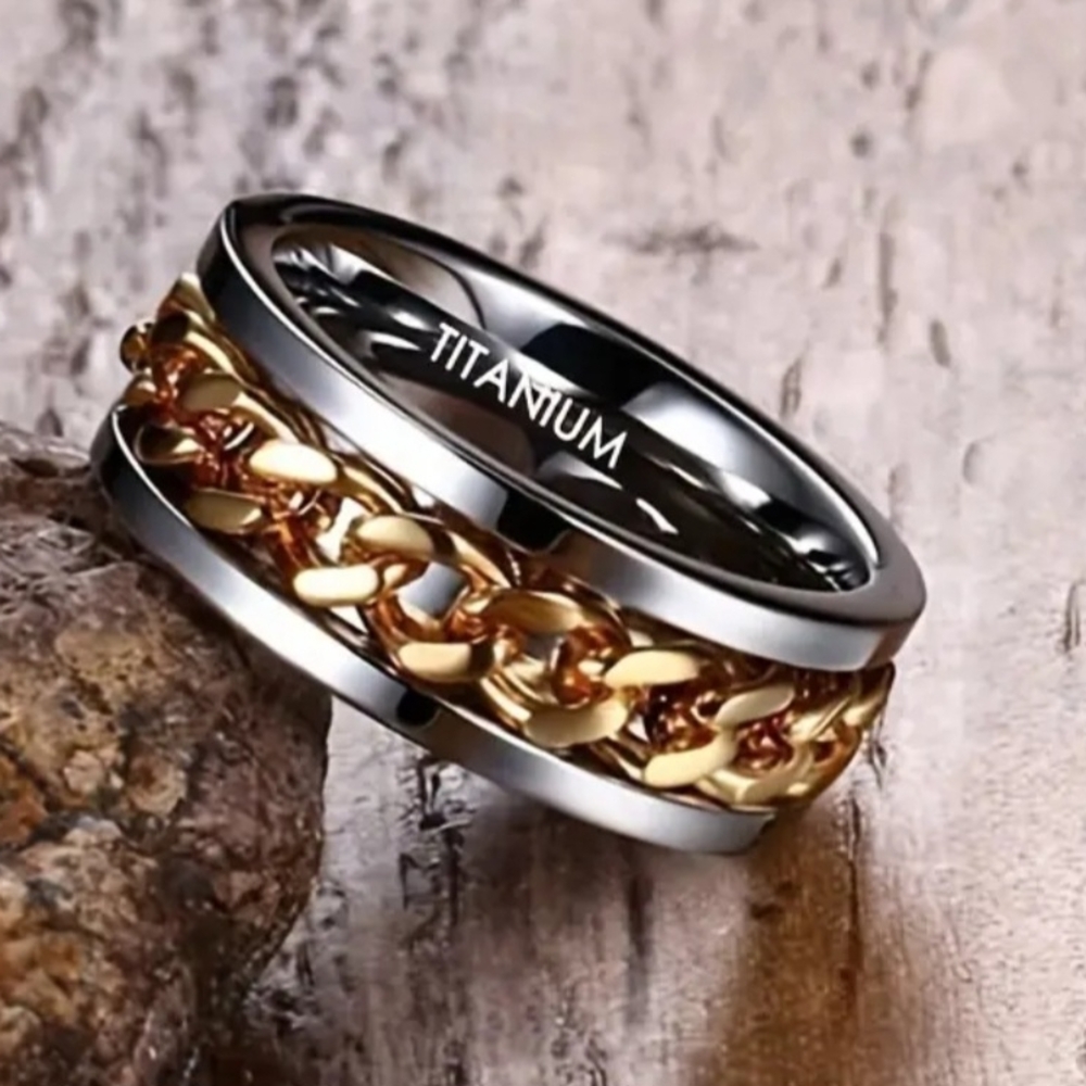 Titanium Men's Ring with Gold Chain Inlay
